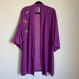 Cruz Natori Purple Sheer Novelty Embroidered Butterfly Kimono Robe Medium